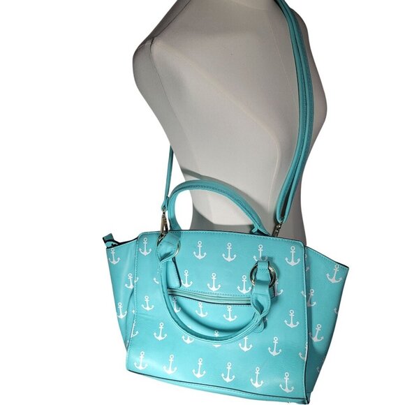 Turquoise Anchor Nautical Faux Leather Adjustable Crossbody Shoulder Handbag - Picture 1 of 11